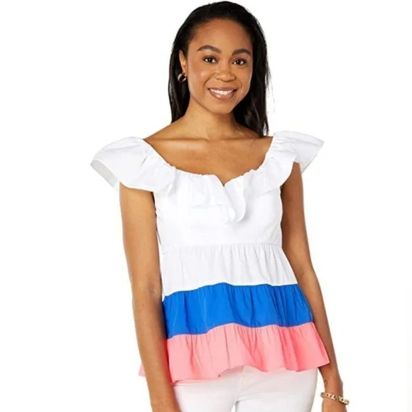 Lilly Pulitzer Emie babydoll Ruffle Top Neon pink, Blue & White Size 10 NWT - Picture 3 of 6